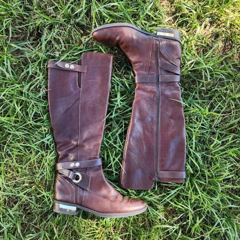 Vince Camuto Prini brown knee-high leather riding boot round almond toe gold